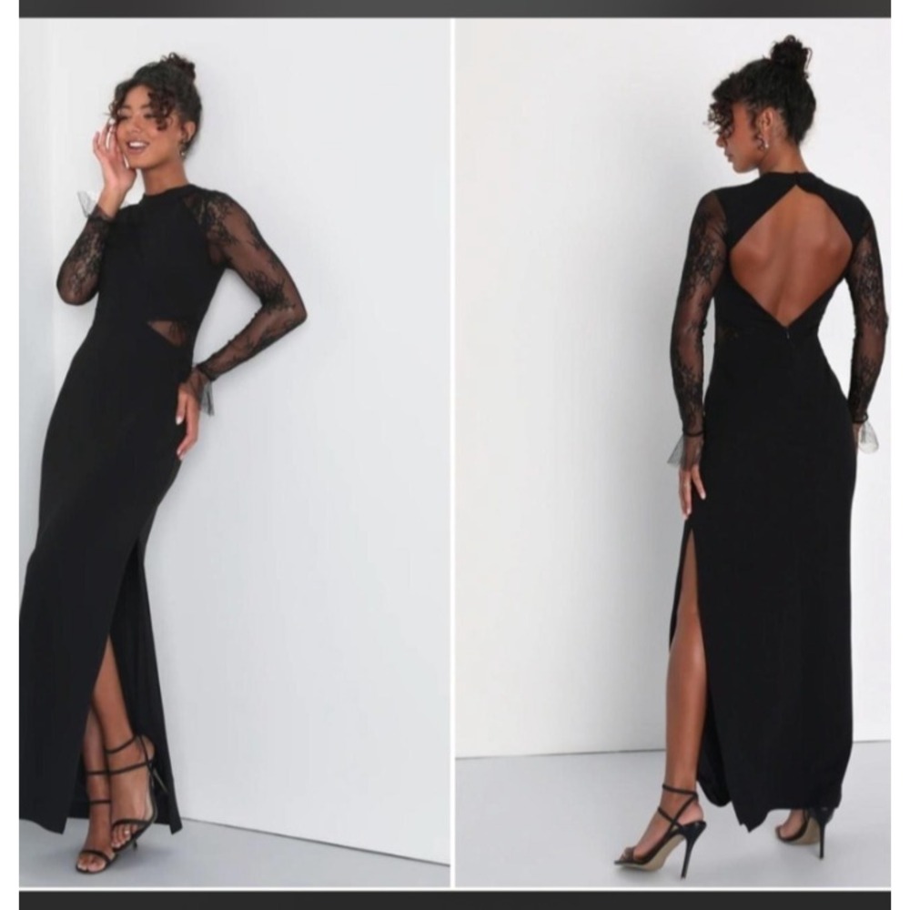 Lulus Bragging Rights Lace Long Sleeve Column Maxi Dress Black NEW! - Picture 3 of 11